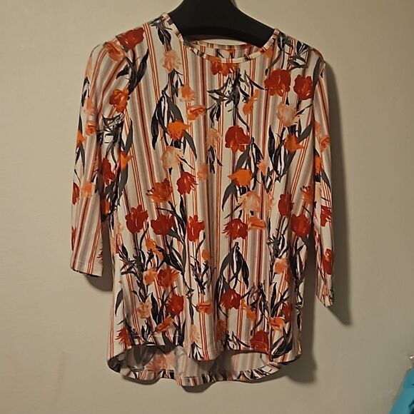 Denim &Co. Printed Heavenly Jersey Hi lowbhem top XL - Picture 1 of 8